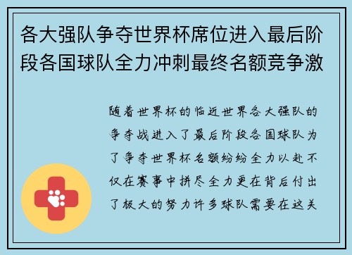 各大强队争夺世界杯席位进入最后阶段各国球队全力冲刺最终名额竞争激烈